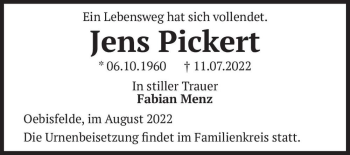 Traueranzeige von Jens Pickert  von Magdeburger Volksstimme