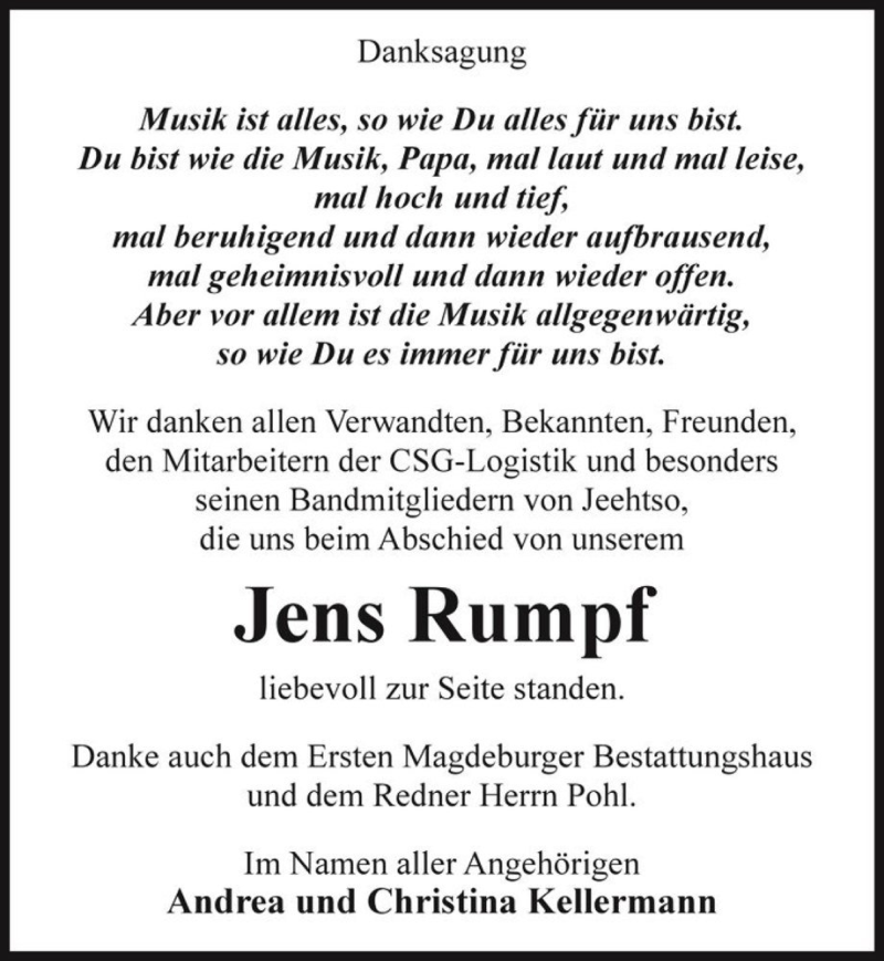  Traueranzeige für Jens Rumpf  vom 03.06.2017 aus Magdeburger Volksstimme