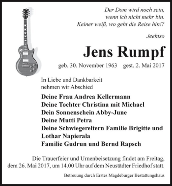 Traueranzeige von Jens Rumpf  von Magdeburger Volksstimme