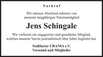 Traueranzeige von Jens Schingale  von Magdeburger Volksstimme