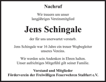 Traueranzeige von Jens Schingale  von Magdeburger Volksstimme