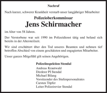 Traueranzeige von Jens Schirmacher  von Magdeburger Volksstimme