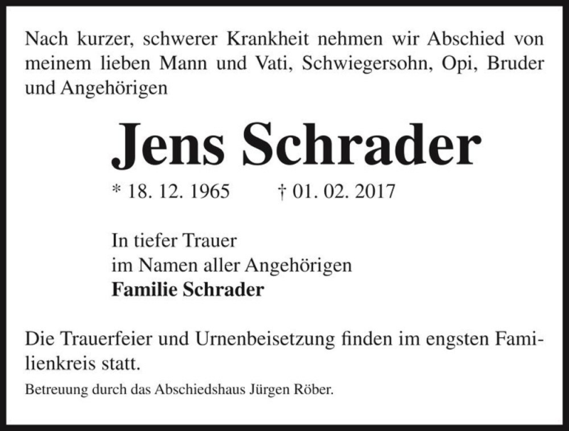  Traueranzeige für Jens Schrader  vom 11.02.2017 aus Magdeburger Volksstimme
