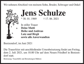 Traueranzeige von Jens Schulze  von Magdeburger Volksstimme