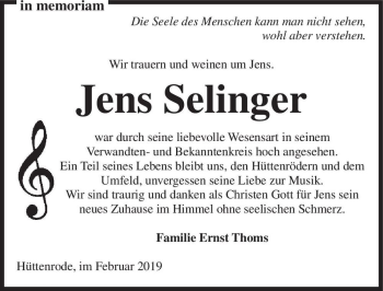Traueranzeige von Jens Selinger  von Magdeburger Volksstimme