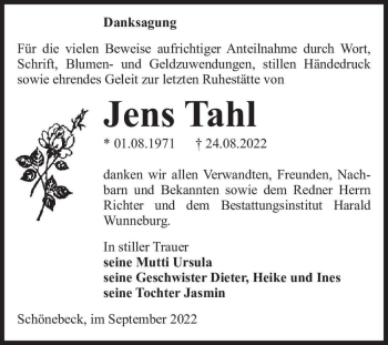 Traueranzeige von Jens Tahl  von Magdeburger Volksstimme