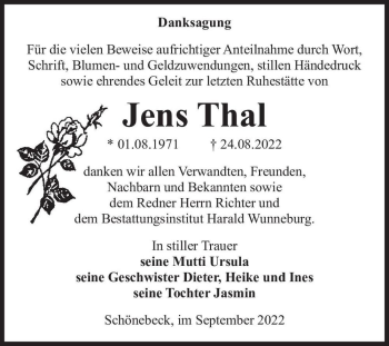 Traueranzeige von Jens Thal  von Magdeburger Volksstimme