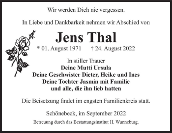 Traueranzeige von Jens Thal  von Magdeburger Volksstimme