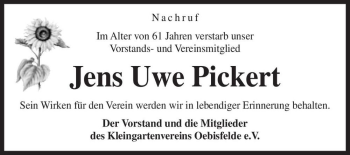 Traueranzeige von Jens Uwe Pickert  von Magdeburger Volksstimme
