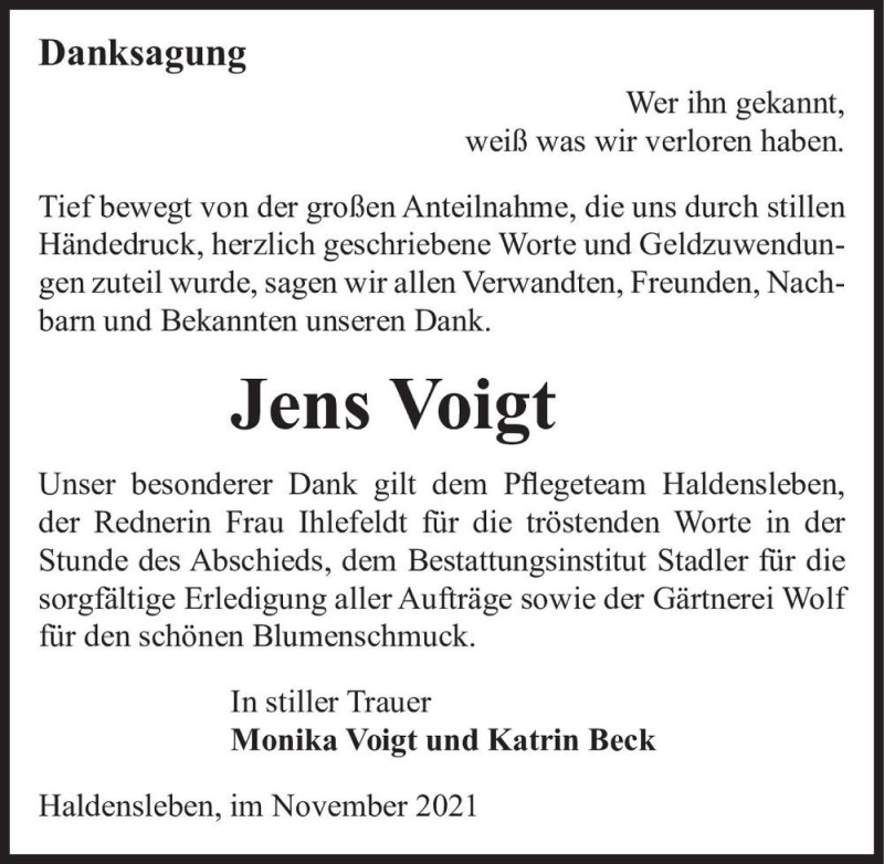  Traueranzeige für Jens Voigt  vom 04.12.2021 aus Magdeburger Volksstimme
