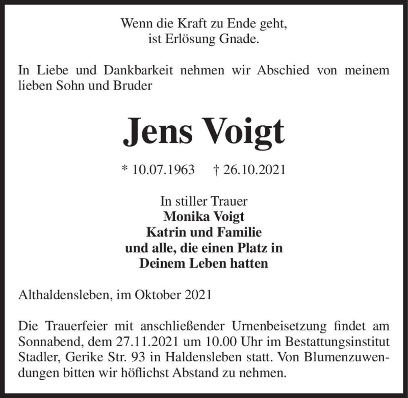  Traueranzeige für Jens Voigt  vom 30.10.2021 aus Magdeburger Volksstimme