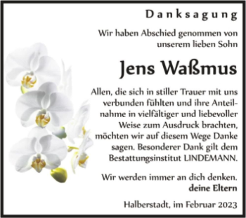 Traueranzeige von Jens Waßmus  von Magdeburger Volksstimme
