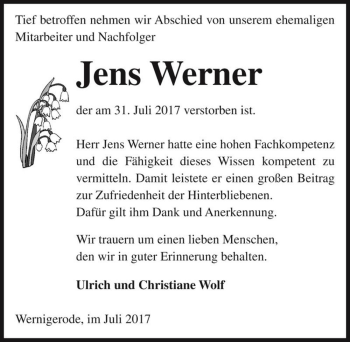 Traueranzeige von Jens Werner  von Magdeburger Volksstimme