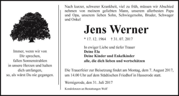 Traueranzeige von Jens Werner  von Magdeburger Volksstimme