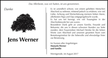 Traueranzeige von Jens Werner  von Magdeburger Volksstimme
