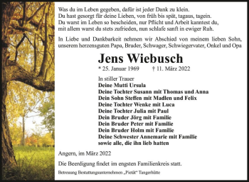 Traueranzeige von Jens Wiebusch  von Magdeburger Volksstimme