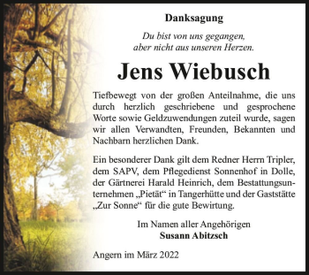 Traueranzeige von Jens Wiebusch  von Magdeburger Volksstimme