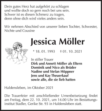 Traueranzeige von Jessica Möller  von Magdeburger Volksstimme