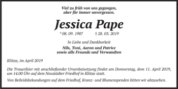 Traueranzeige von Jessica Pape  von Magdeburger Volksstimme