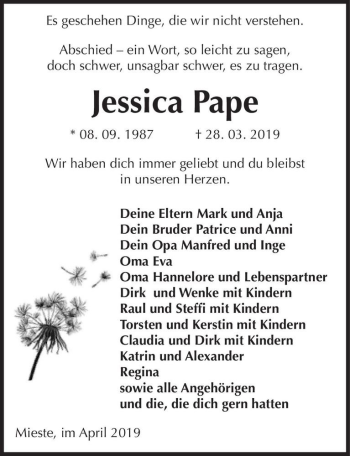 Traueranzeige von Jessica Pape  von Magdeburger Volksstimme