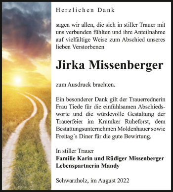 Traueranzeige von Jirka Missenberger  von Magdeburger Volksstimme