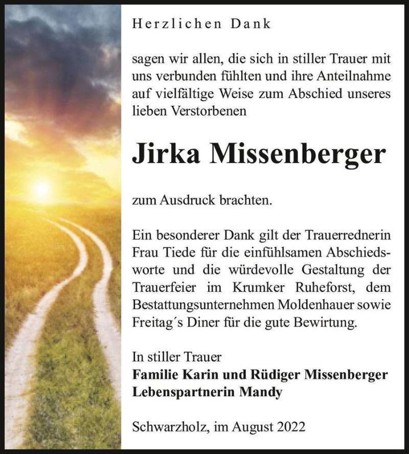  Traueranzeige für Jirka Missenberger  vom 10.09.2022 aus Magdeburger Volksstimme