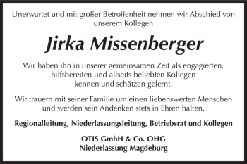 Traueranzeige von Jirka Missenberger  von Magdeburger Volksstimme