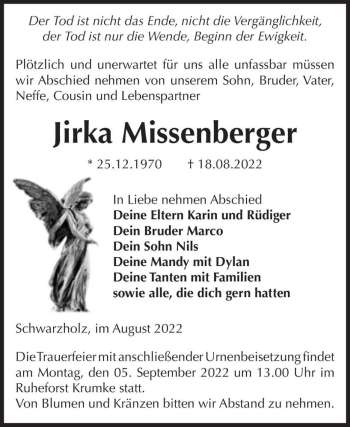 Traueranzeige von Jirka Missenberger  von Magdeburger Volksstimme