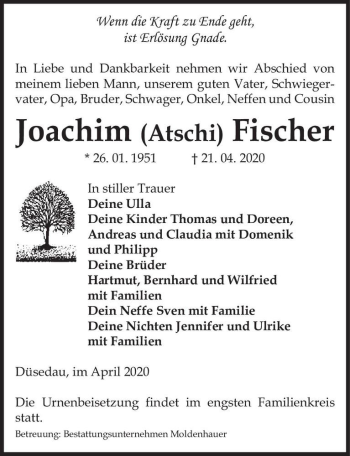Traueranzeige von Joachim (Atschi) Fischer  von Magdeburger Volksstimme