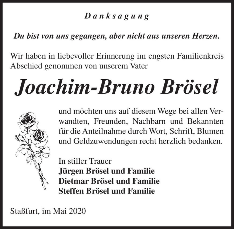  Traueranzeige für Joachim-Bruno Brösel  vom 06.06.2020 aus Magdeburger Volksstimme