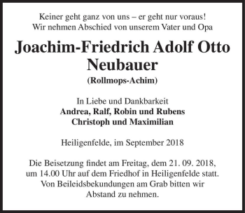 Traueranzeige von Joachim-Friedrich Adolf Otto Neubauer (Rollmops-Achim)  von Magdeburger Volksstimme