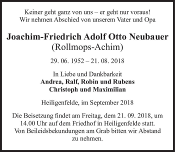 Traueranzeige von Joachim-Friedrich Adolf Otto Neubauer (Rollmops-Achim)  von Magdeburger Volksstimme