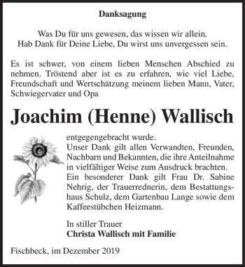Traueranzeige von Joachim (Henne) Wallisch  von Magdeburger Volksstimme