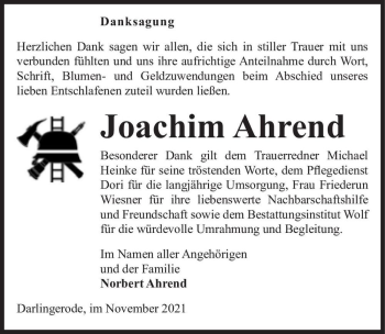 Traueranzeige von Joachim Ahrend  von Magdeburger Volksstimme