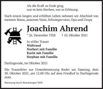Traueranzeige von Joachim Ahrend  von Magdeburger Volksstimme