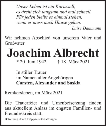 Traueranzeige von Joachim Albrecht  von Magdeburger Volksstimme