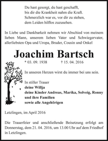 Traueranzeige von Joachim Bartsch  von Magdeburger Volksstimme