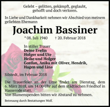 Traueranzeige von Joachim Bassiner  von Magdeburger Volksstimme