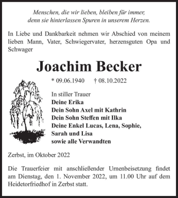 Traueranzeige von Joachim Becker  von Magdeburger Volksstimme
