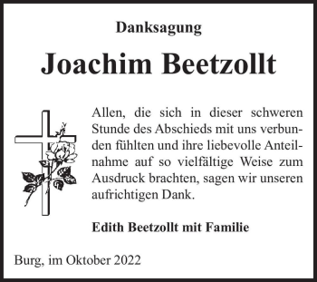 Traueranzeige von Joachim Beetzollt  von Magdeburger Volksstimme