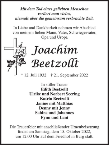 Traueranzeige von Joachim Beetzollt  von Magdeburger Volksstimme