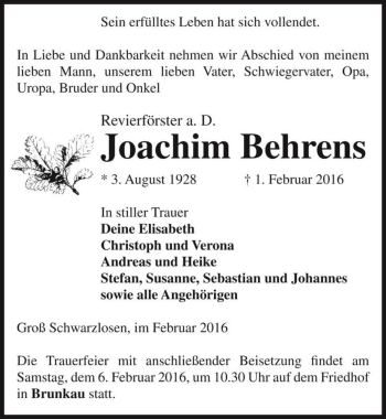 Traueranzeige von Joachim Behrens  von Magdeburger Volksstimme