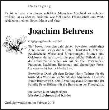 Traueranzeige von Joachim Behrens  von Magdeburger Volksstimme