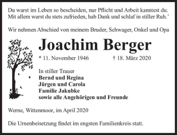 Traueranzeige von Joachim Berger  von Magdeburger Volksstimme