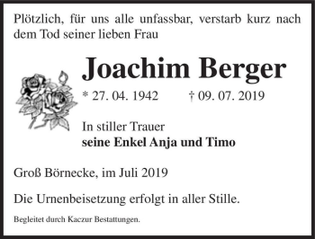 Traueranzeige von Joachim Berger  von Magdeburger Volksstimme