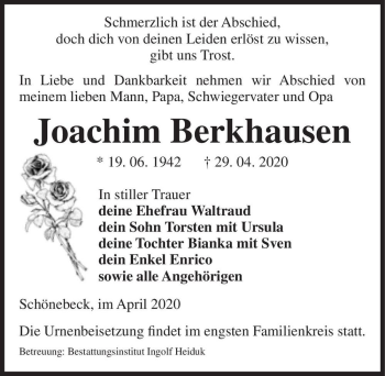 Traueranzeige von Joachim Berkhausen  von Magdeburger Volksstimme