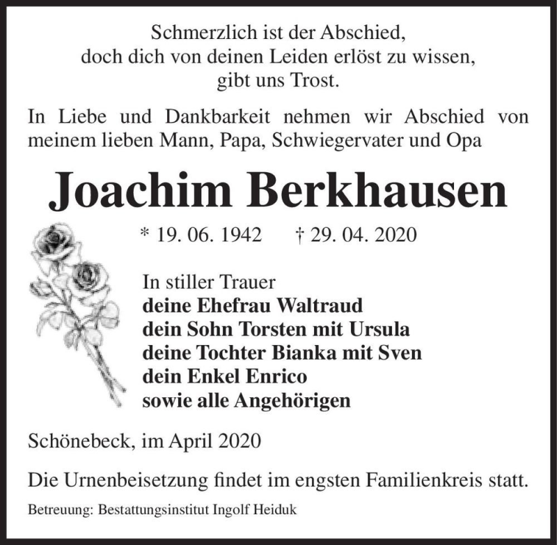  Traueranzeige für Joachim Berkhausen  vom 09.05.2020 aus Magdeburger Volksstimme