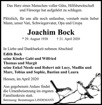 Traueranzeige von Joachim Bock  von Magdeburger Volksstimme