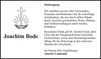 Traueranzeige von Joachim Bode  von Magdeburger Volksstimme