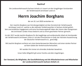 Traueranzeige von Joachim Borghans  von Magdeburger Volksstimme